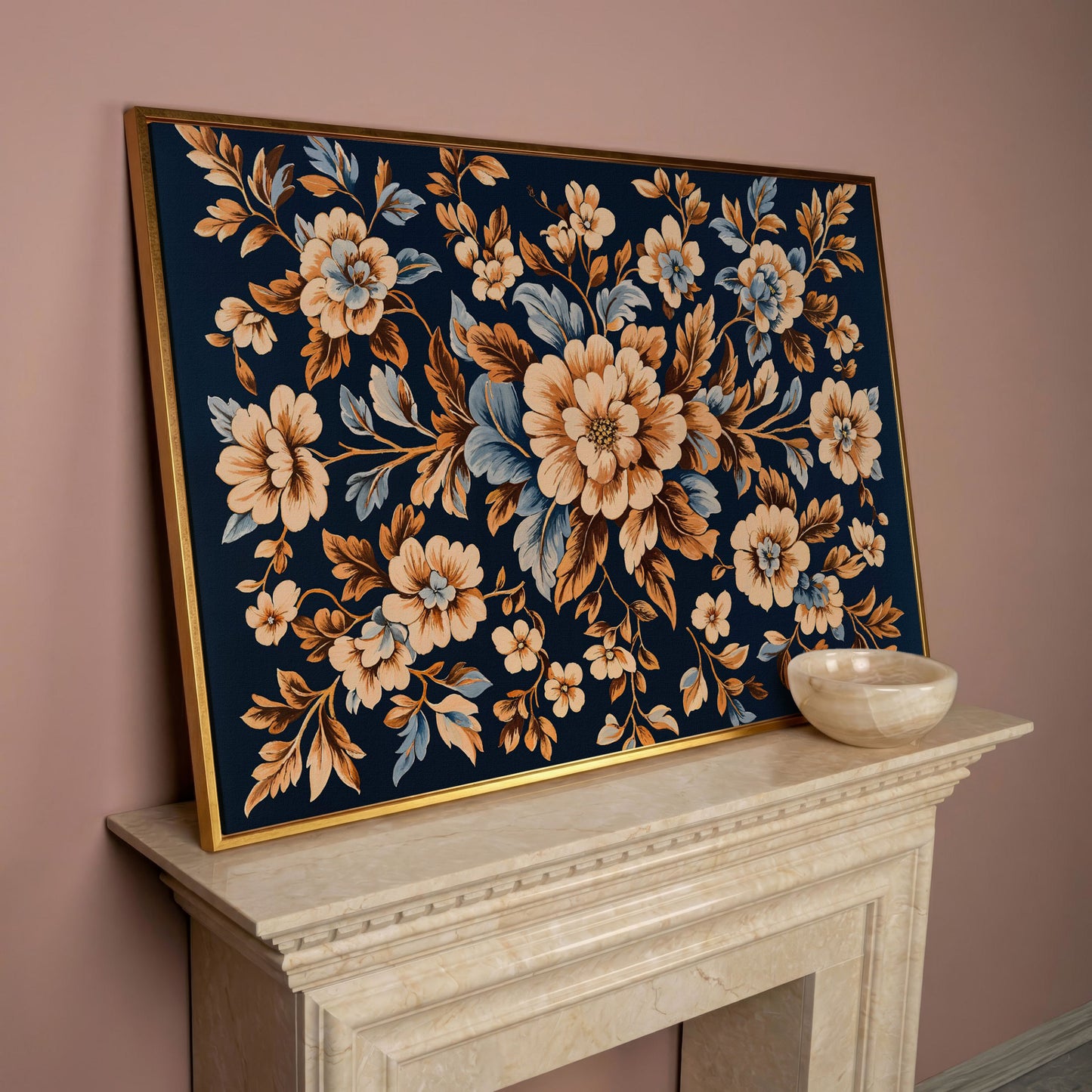 Dark Navy Vintage Floral Canvas for Bedrooms in rose gold floating frame