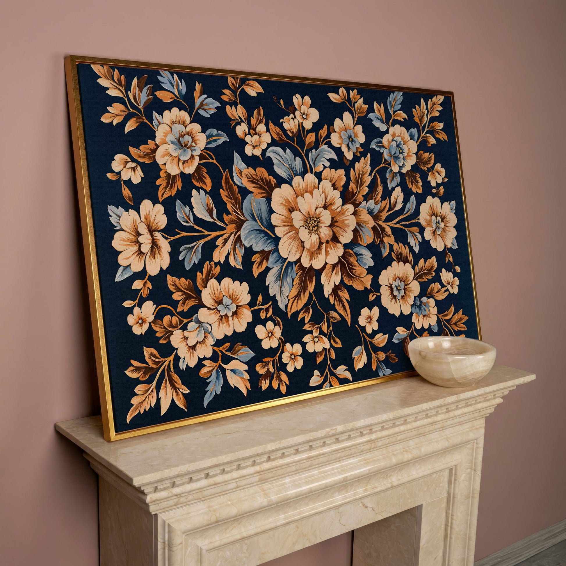 Dark Navy Vintage Floral Canvas for Bedrooms in rose gold floating frame