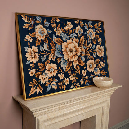 Dark Navy Vintage Floral Canvas for Bedrooms in rose gold floating frame