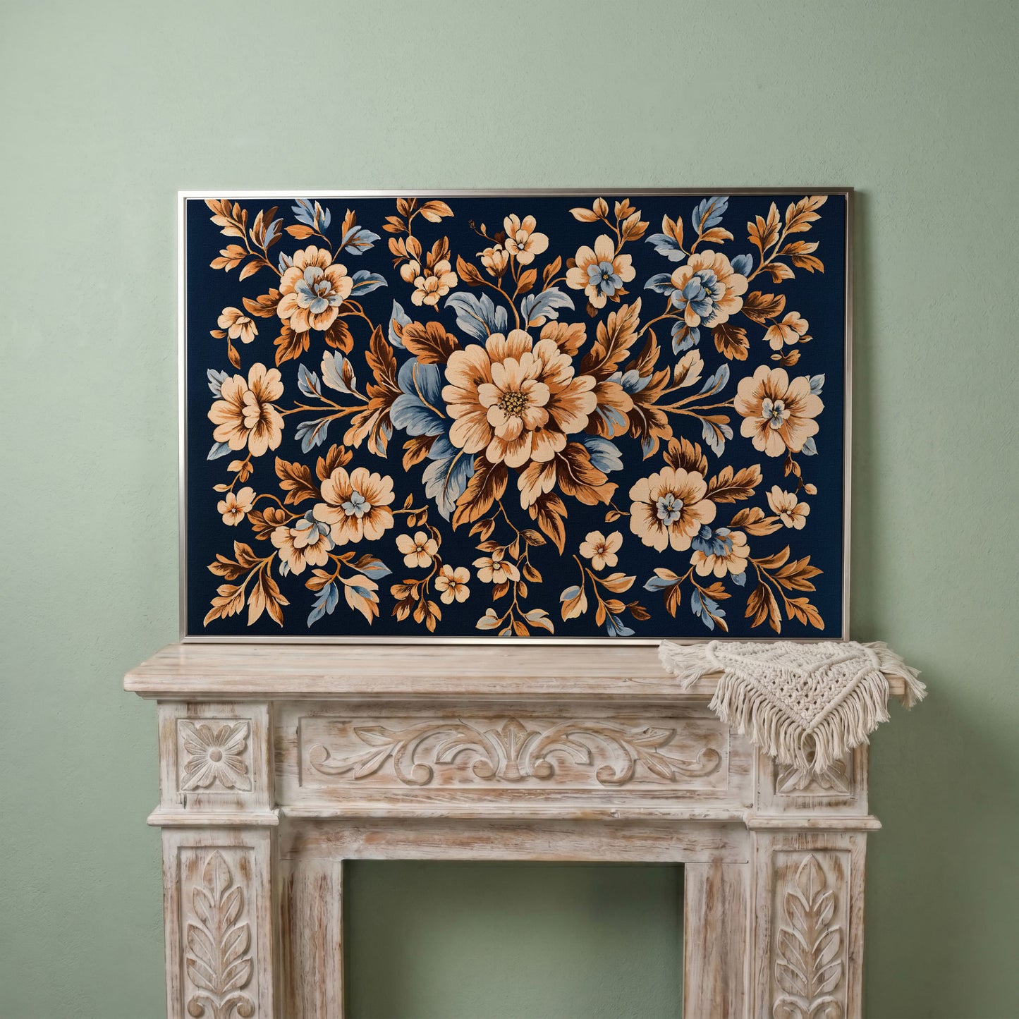 Dark Navy Vintage Floral Canvas for Bedrooms in silver floating frame