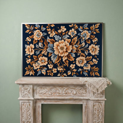 Dark Navy Vintage Floral Canvas for Bedrooms in silver floating frame