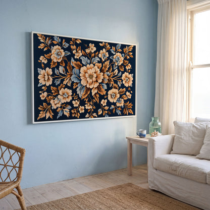Dark Navy Vintage Floral Canvas for Bedrooms in white floating frame