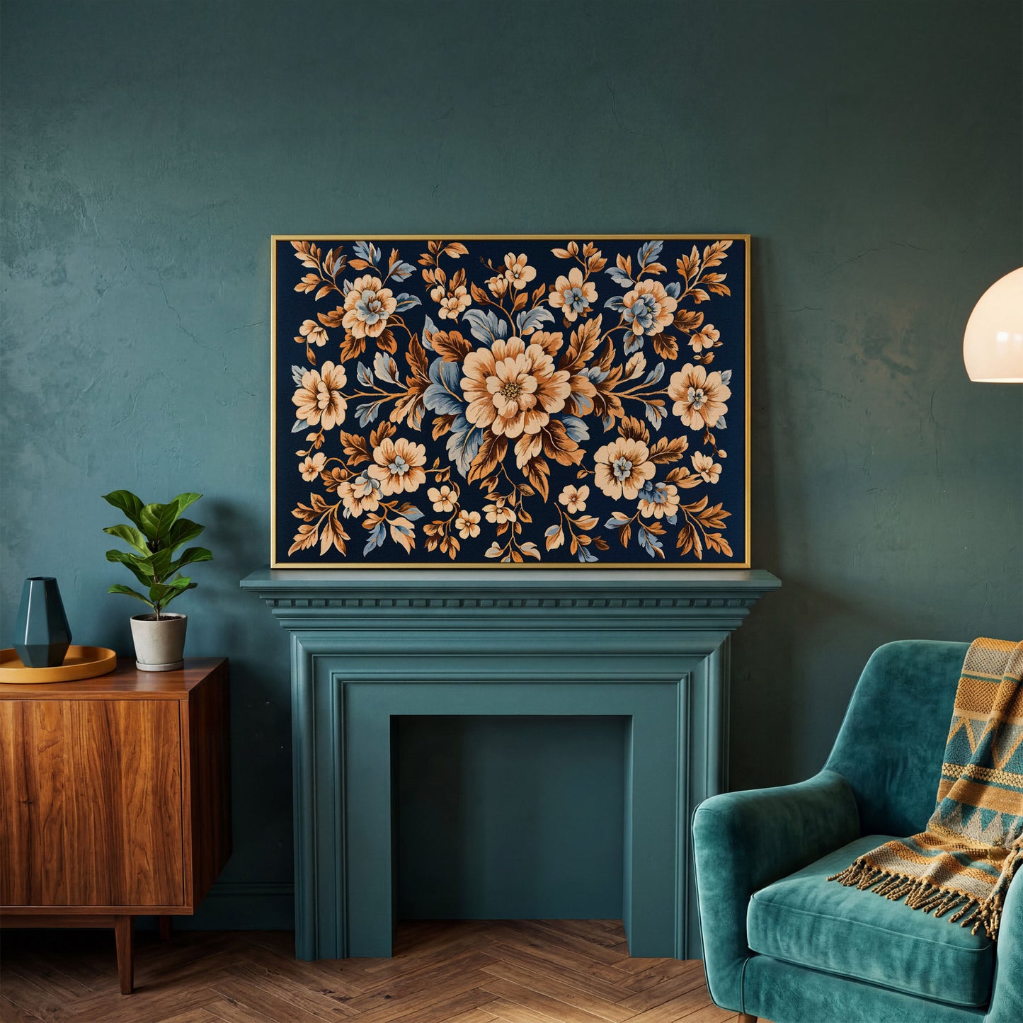 Dark Navy Vintage Floral Canvas for Bedrooms in yellow gold floating frame