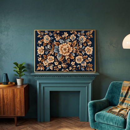 Dark Navy Vintage Floral Canvas for Bedrooms in yellow gold floating frame