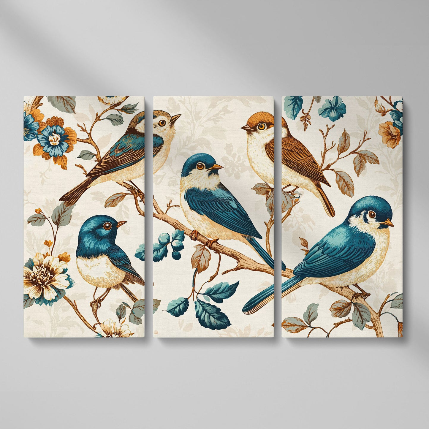 Vintage Bird and Floral Canvas in Teal and Gold as 3-panel split version