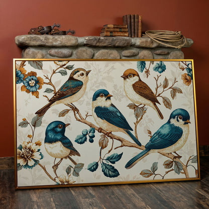 Vintage Bird and Floral Canvas in Teal and Gold in antique gold floating frame