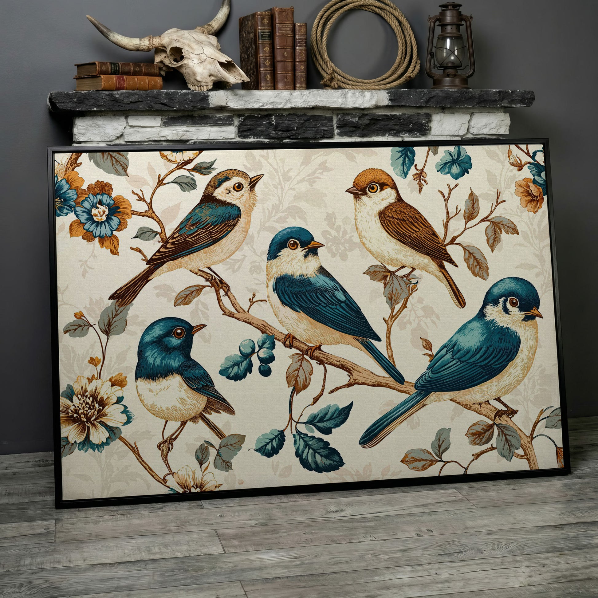 Vintage Bird and Floral Canvas in Teal and Gold in black floating frame