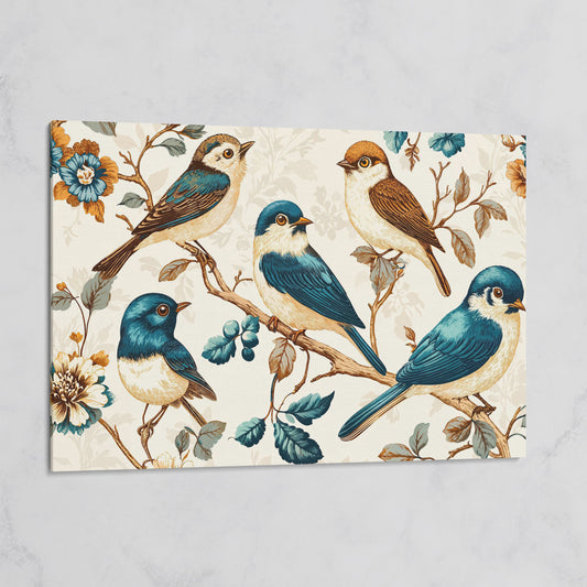 Vintage Bird and Floral Canvas in Teal and Gold on gallery wrap