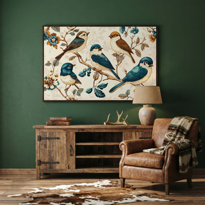 Vintage Bird and Floral Canvas in Teal and Gold in dark walnut floating frame