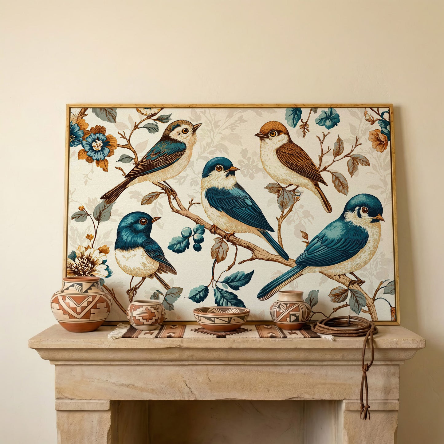 Vintage Bird and Floral Canvas in Teal and Gold in white oak floating frame