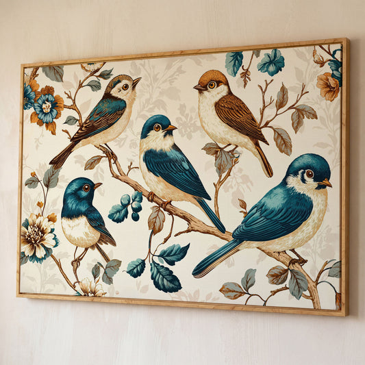 Vintage Bird and Floral Canvas in Teal and Gold shown in white oak floating frame