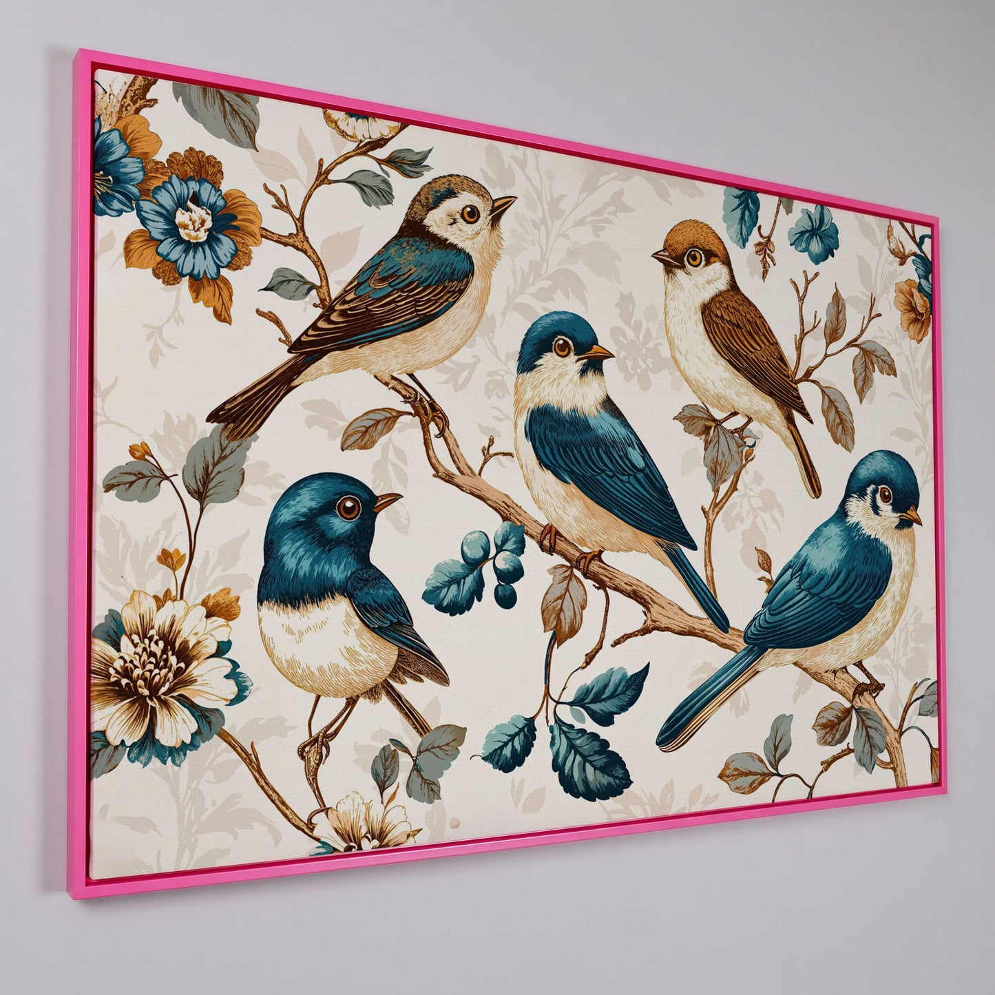 Vintage Bird and Floral Canvas in Teal and Gold in pink floating frame