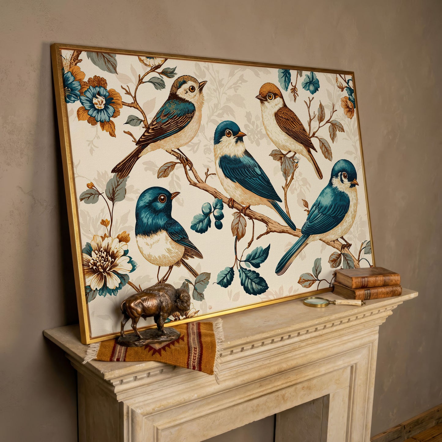 Vintage Bird and Floral Canvas in Teal and Gold in rose gold floating frame