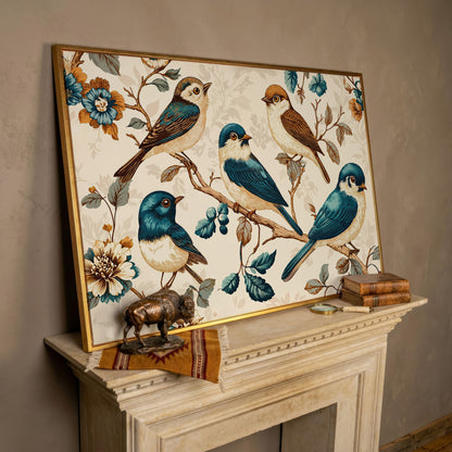 Vintage Bird and Floral Canvas in Teal and Gold in rose gold floating frame
