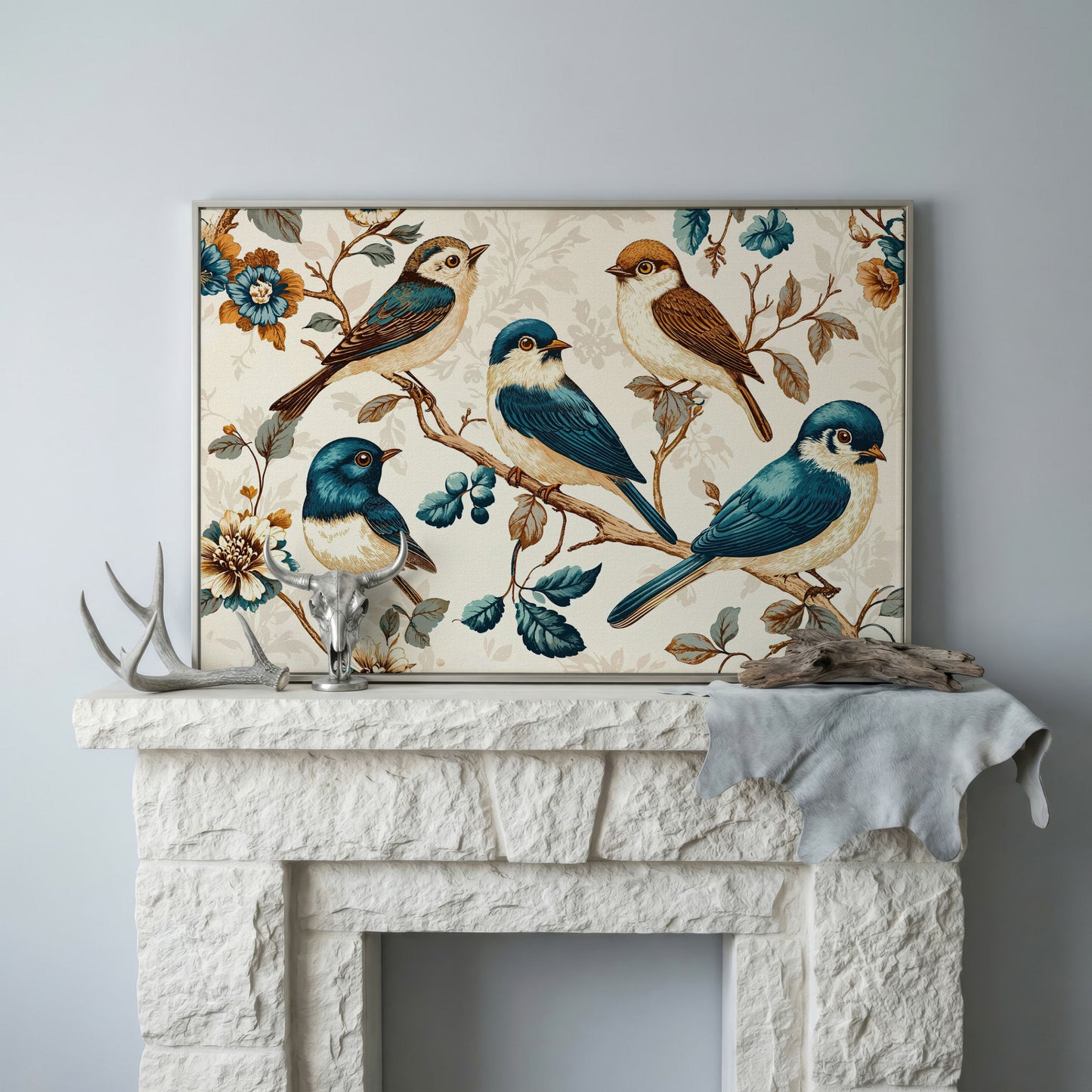 Vintage Bird and Floral Canvas in Teal and Gold in silver floating frame