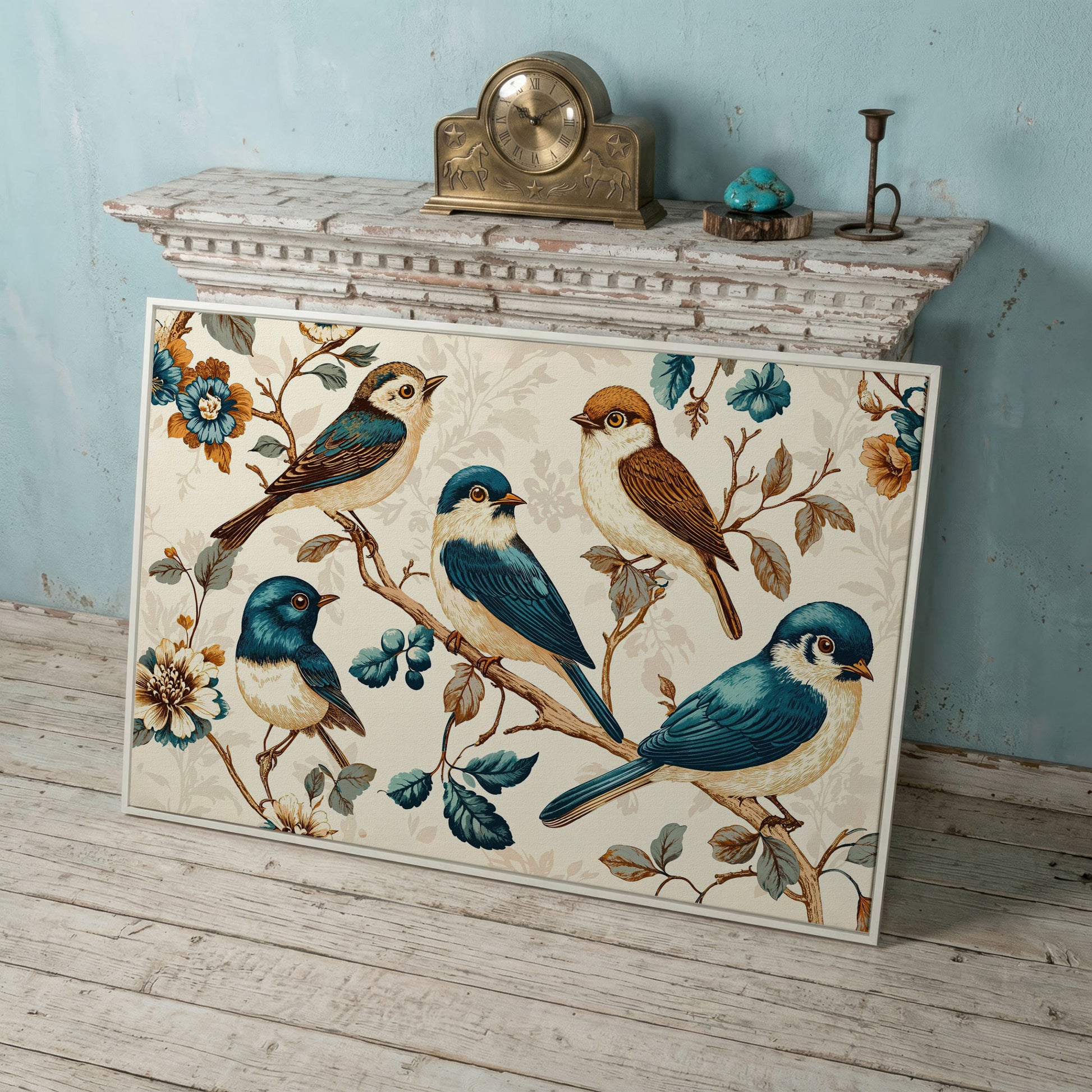 Vintage Bird and Floral Canvas in Teal and Gold in white floating frame