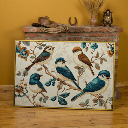 Vintage Bird and Floral Canvas in Teal and Gold in yellow gold floating frame