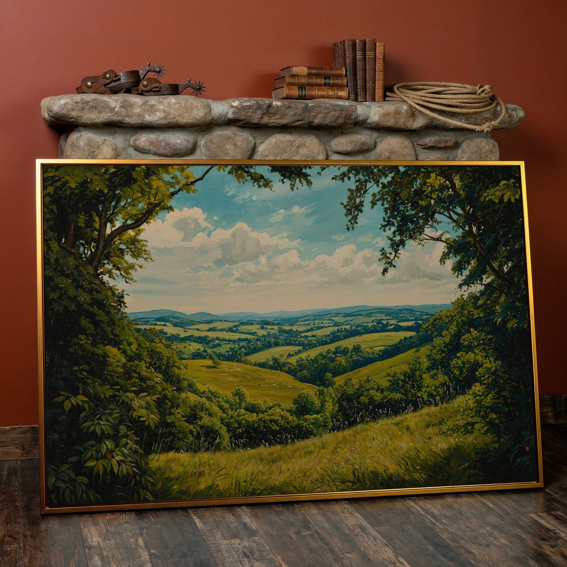 Serene Countryside Landscape Canvas in antique gold floating frame
