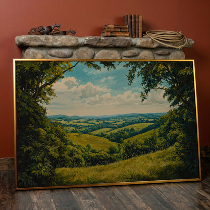 Serene Countryside Landscape Canvas in antique gold floating frame