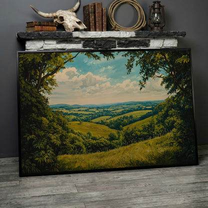 Serene Countryside Landscape Canvas in black floating frame