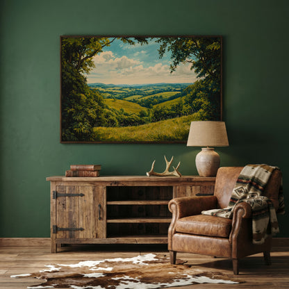 Serene Countryside Landscape Canvas in dark walnut floating frame
