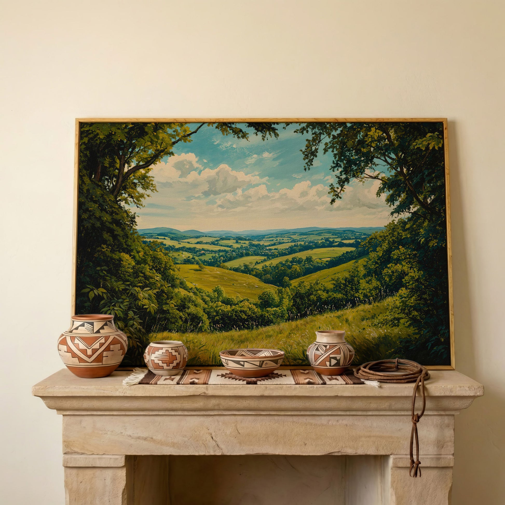 Serene Countryside Landscape Canvas in white oak floating frame