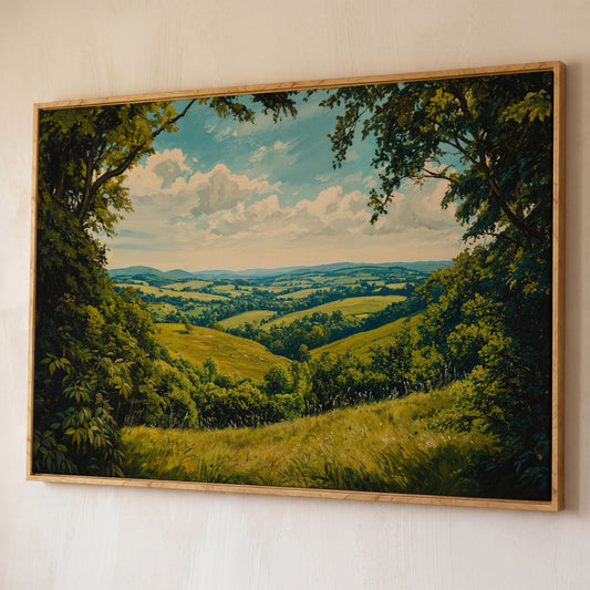 Serene Countryside Landscape Canvas shown in white oak floating frame