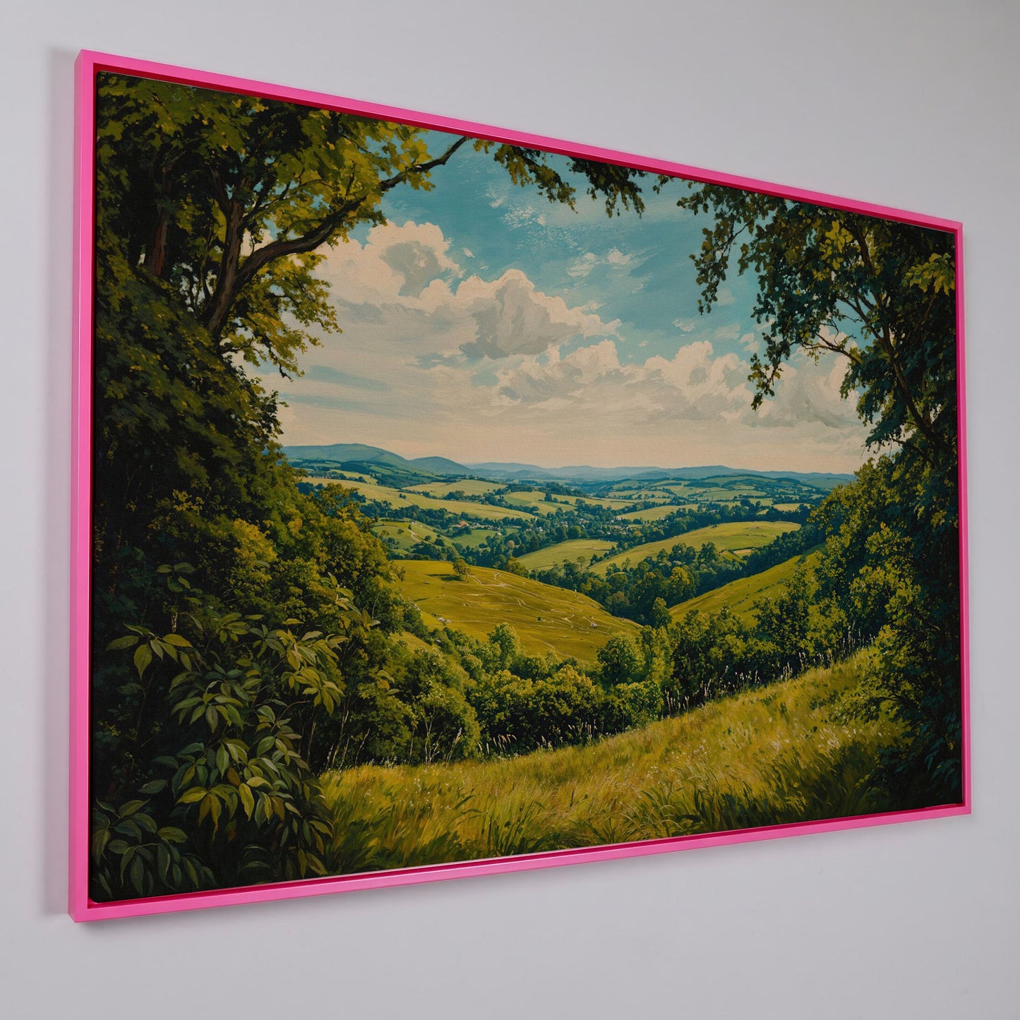 Serene Countryside Landscape Canvas in pink floating frame