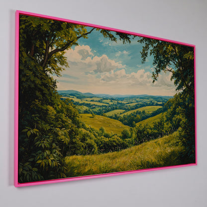 Serene Countryside Landscape Canvas in pink floating frame
