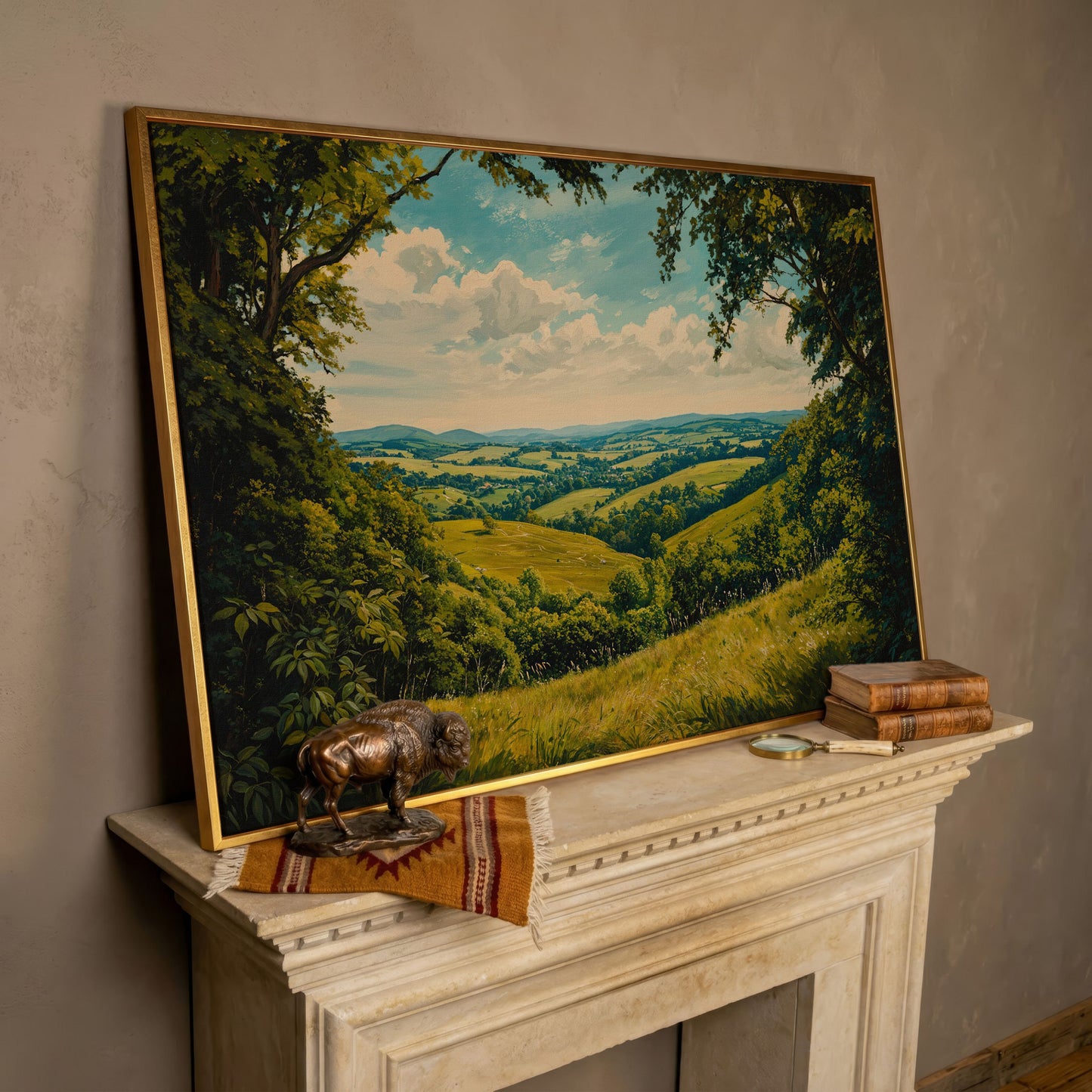 Serene Countryside Landscape Canvas in rose gold floating frame