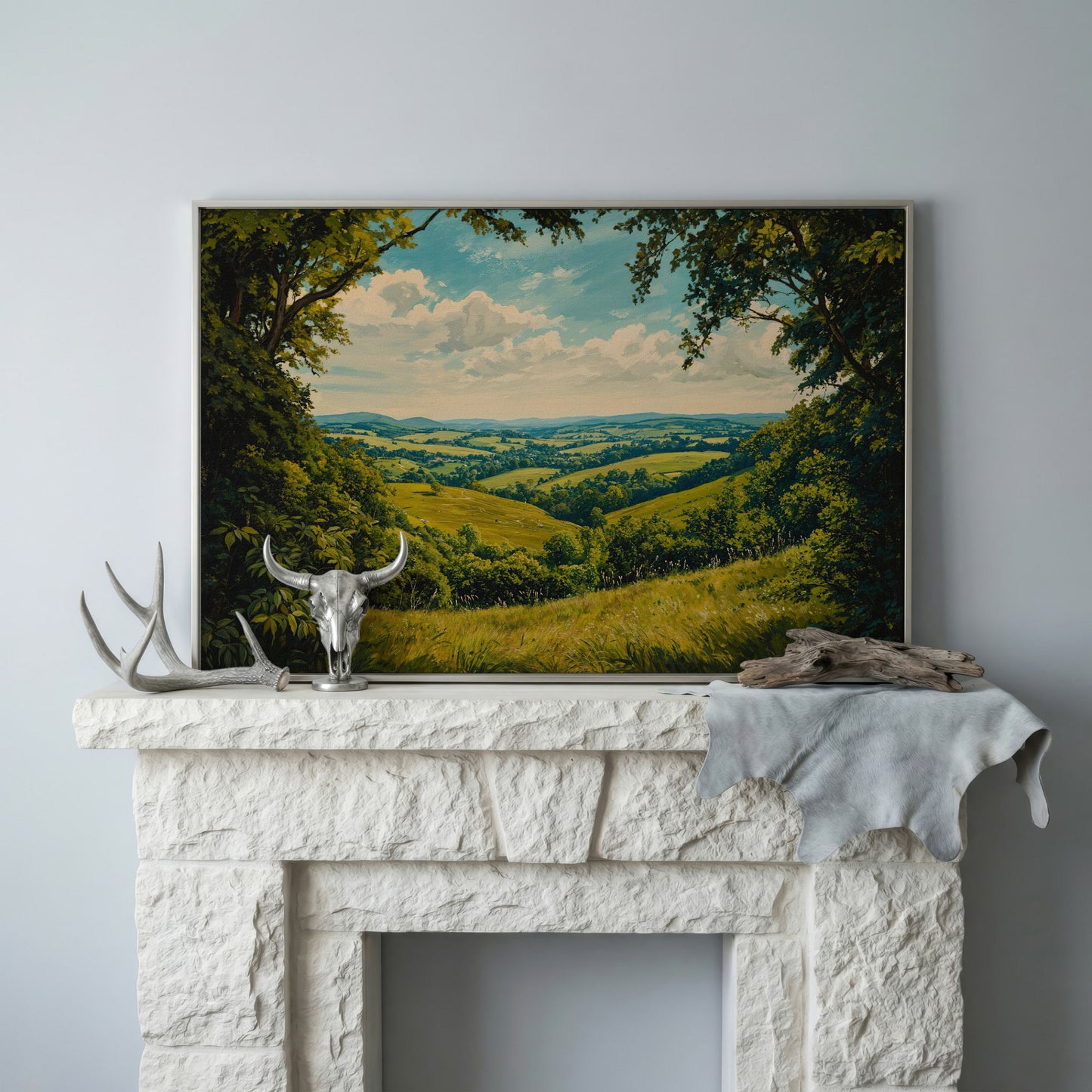 Serene Countryside Landscape Canvas in silver floating frame