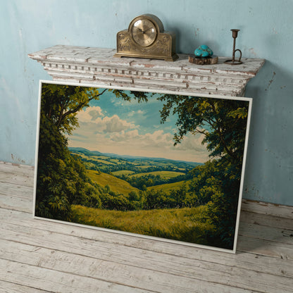 Serene Countryside Landscape Canvas in white floating frame
