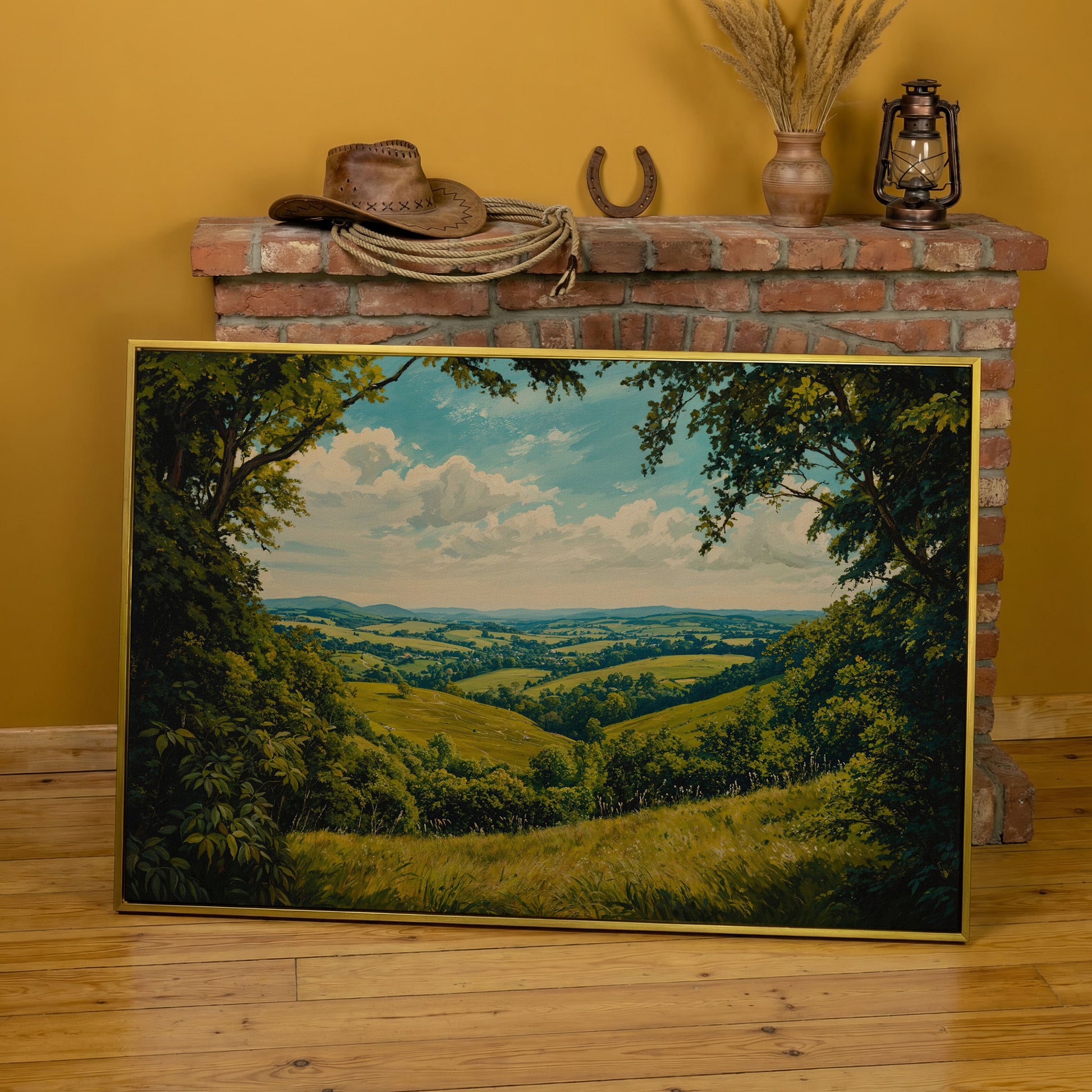 Serene Countryside Landscape Canvas in yellow gold floating frame