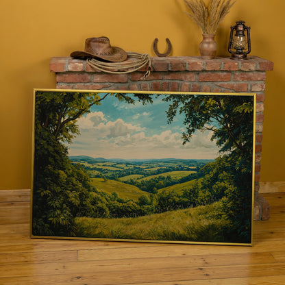 Serene Countryside Landscape Canvas in yellow gold floating frame