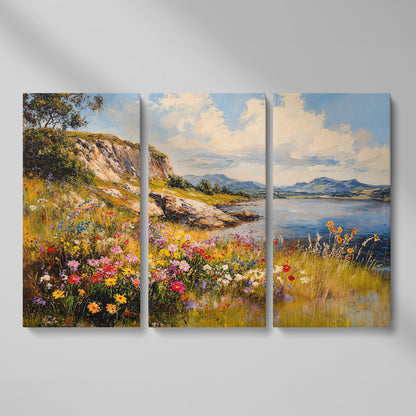Wildflower Lakeside View Canvas as 3-panel split version