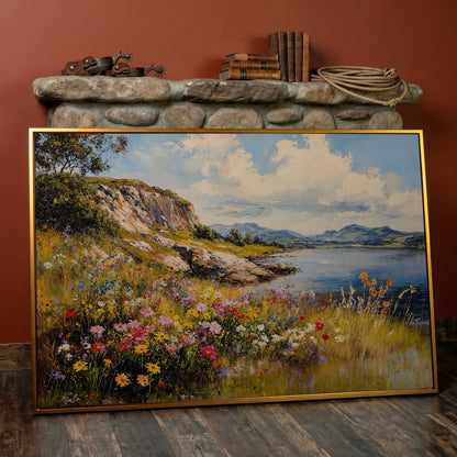 Wildflower Lakeside View Canvas in antique gold floating frame