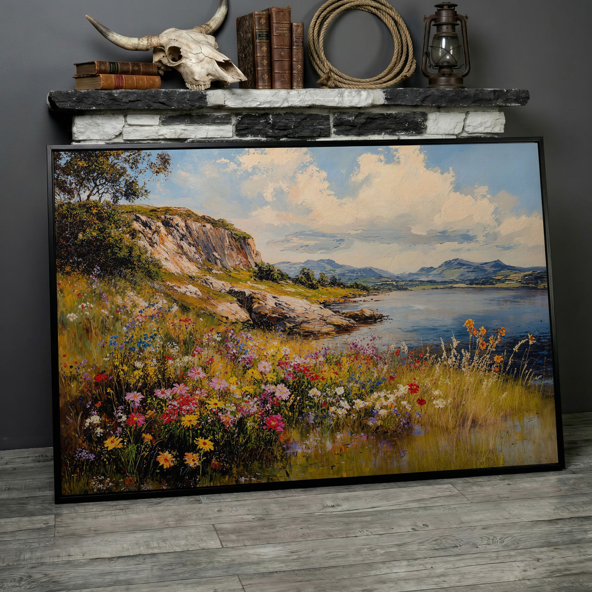 Wildflower Lakeside View Canvas in black floating frame
