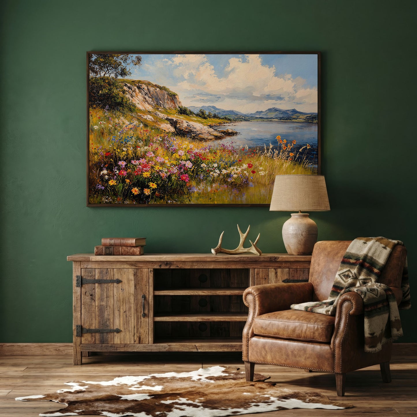 Wildflower Lakeside View Canvas in dark walnut floating frame
