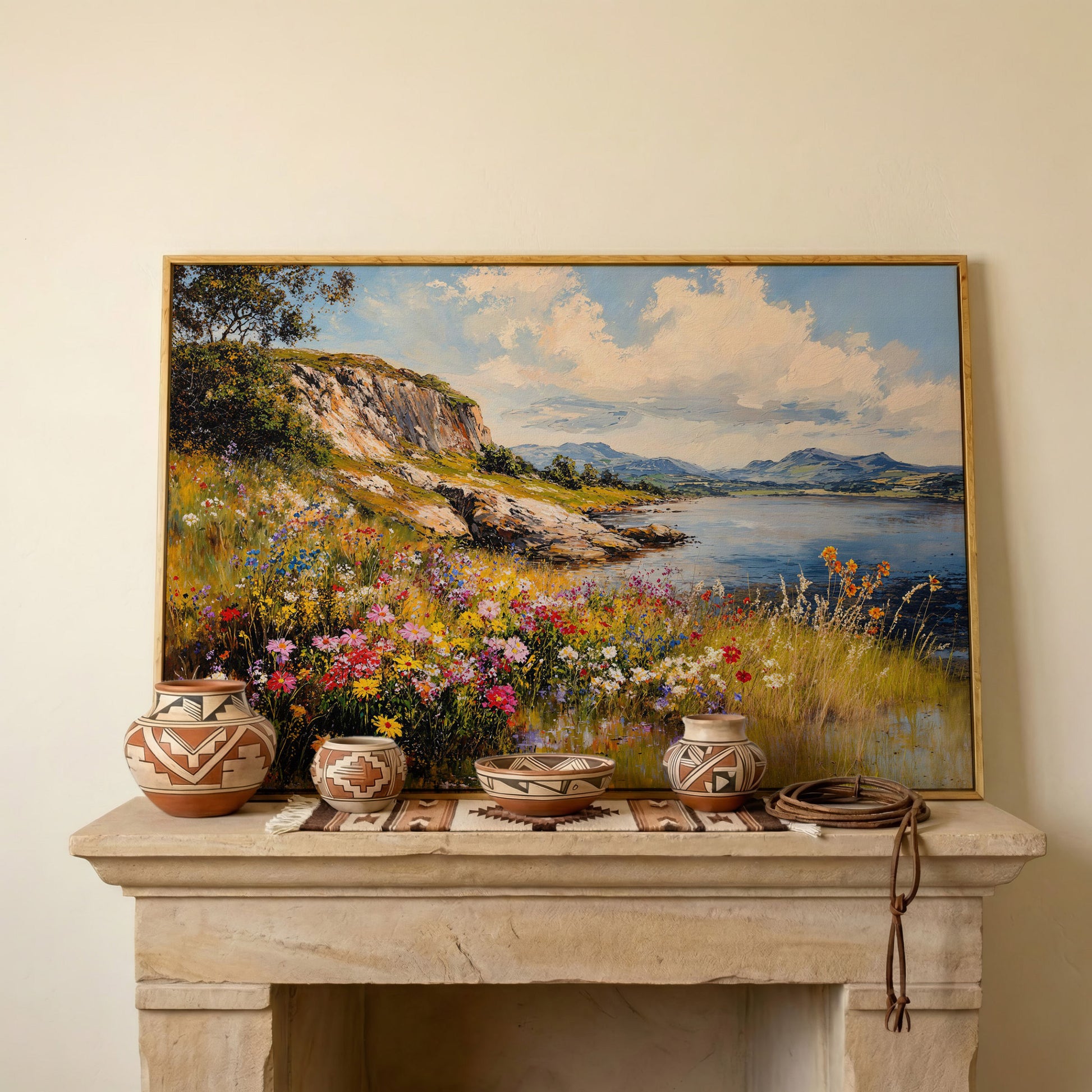 Wildflower Lakeside View Canvas in white oak floating frame
