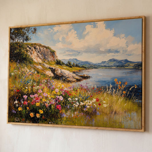 Wildflower Lakeside View Canvas shown in white oak floating frame