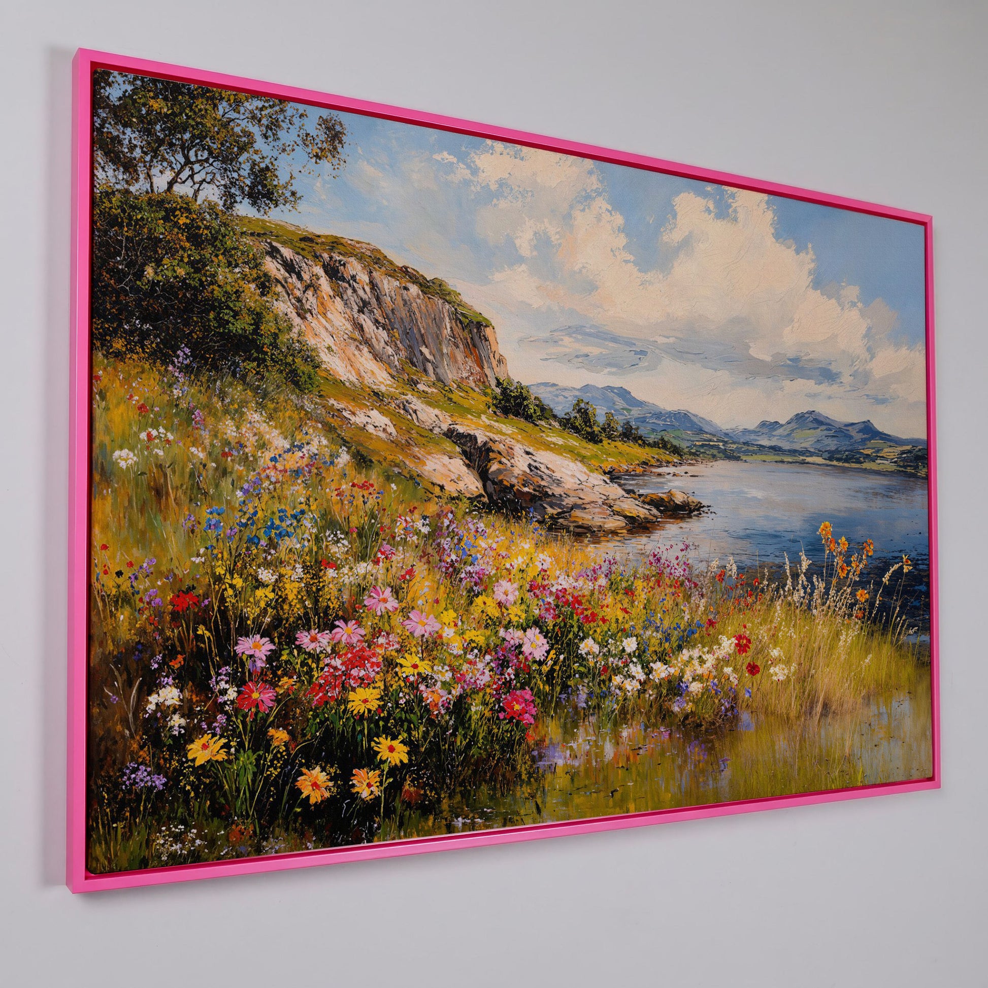 Wildflower Lakeside View Canvas in pink floating frame