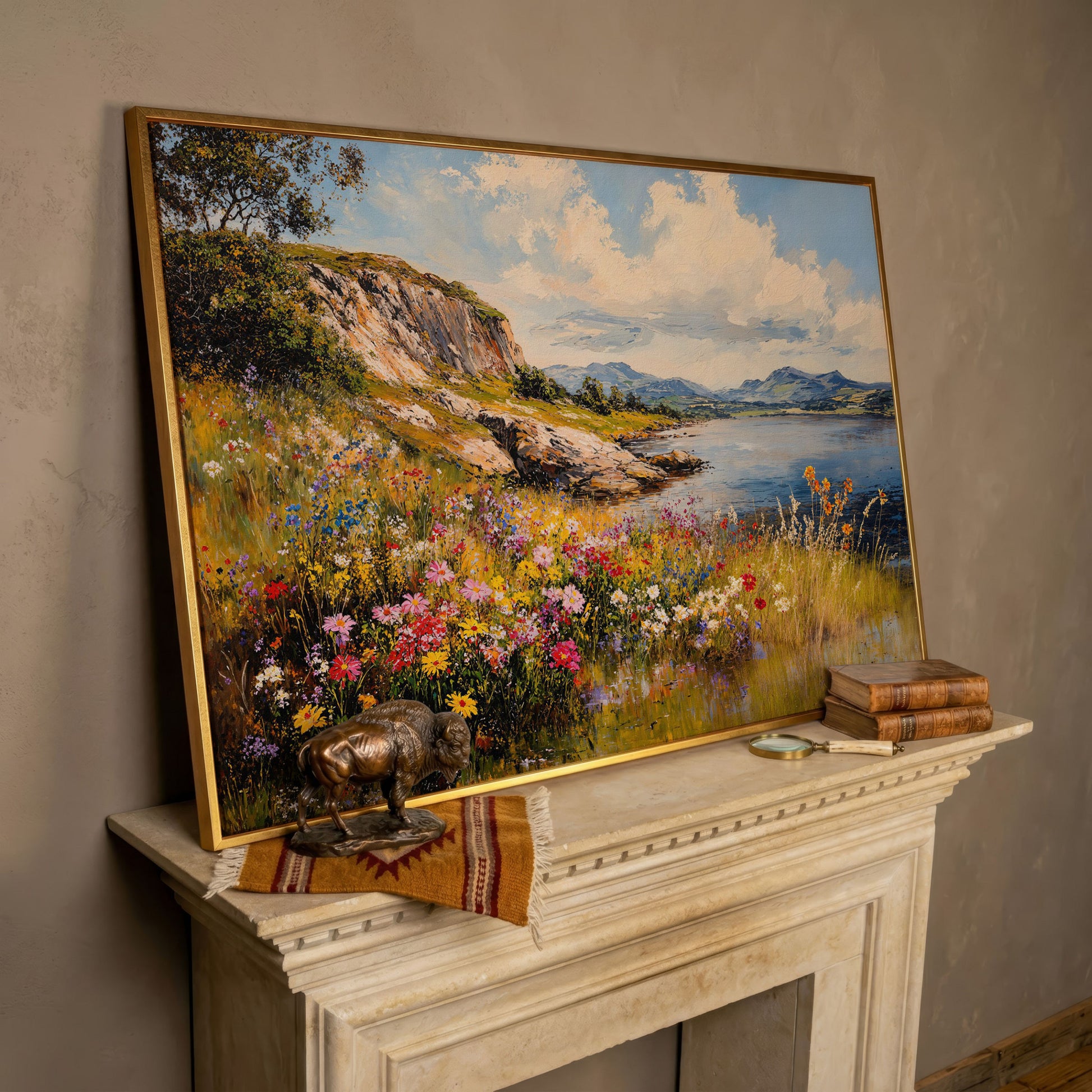 Wildflower Lakeside View Canvas in rose gold floating frame