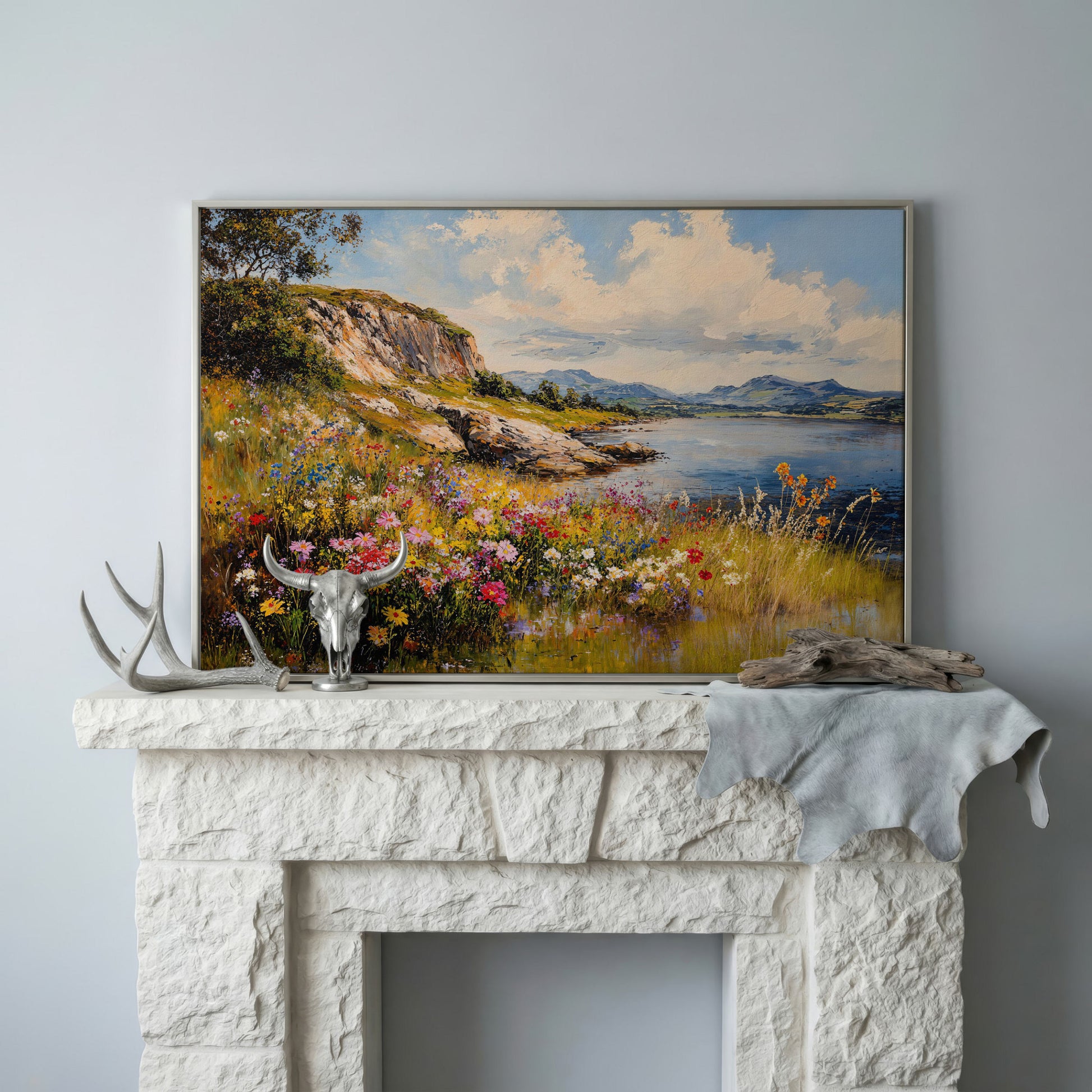 Wildflower Lakeside View Canvas in silver floating frame