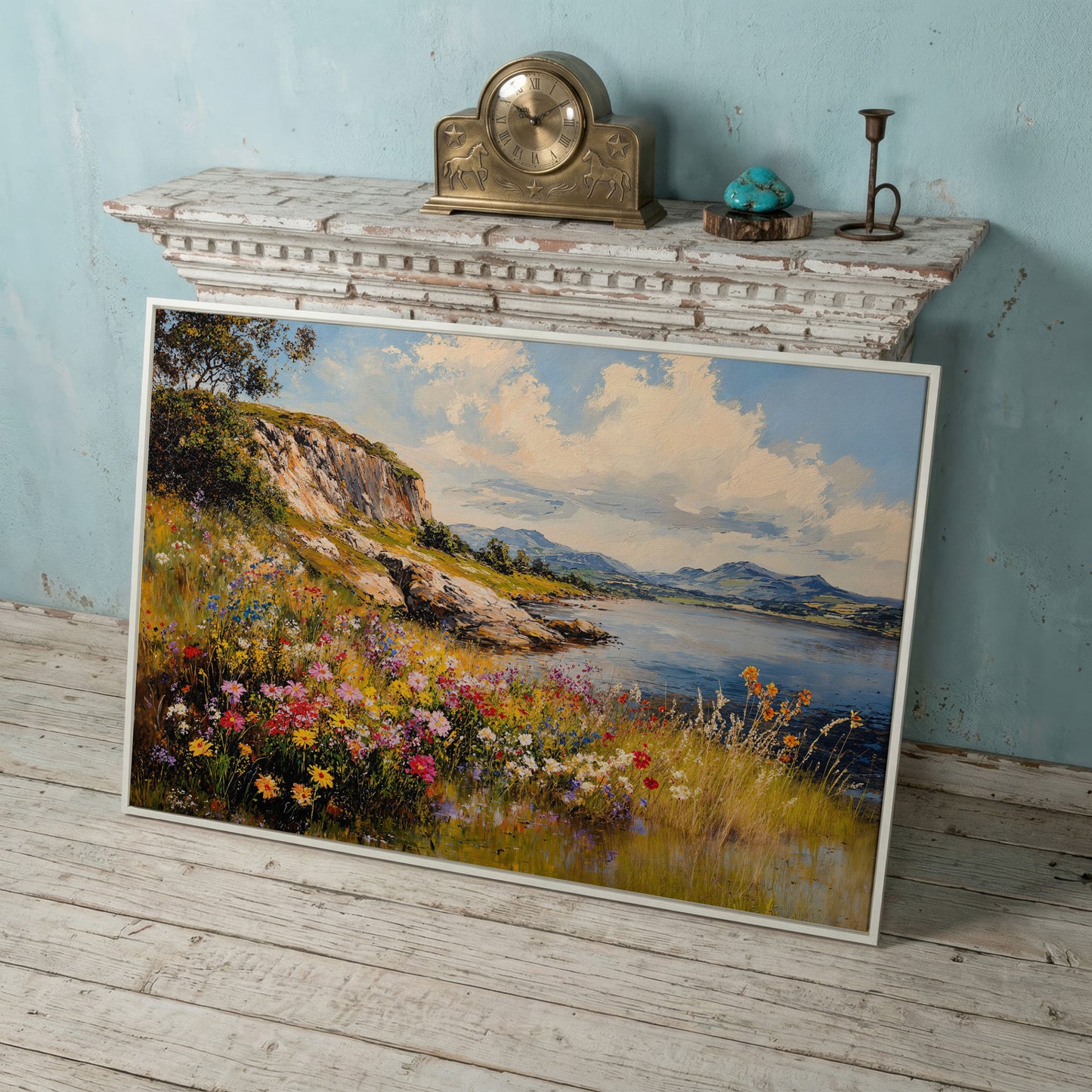 Wildflower Lakeside View Canvas in white floating frame