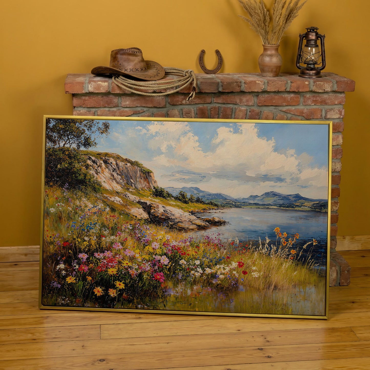 Wildflower Lakeside View Canvas in yellow gold floating frame