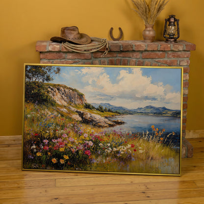 Wildflower Lakeside View Canvas in yellow gold floating frame
