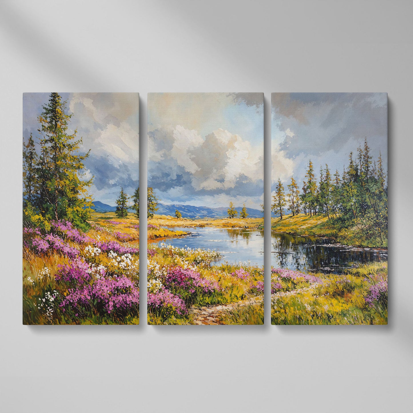 Lavender River Landscape Canvas as 3-panel split version