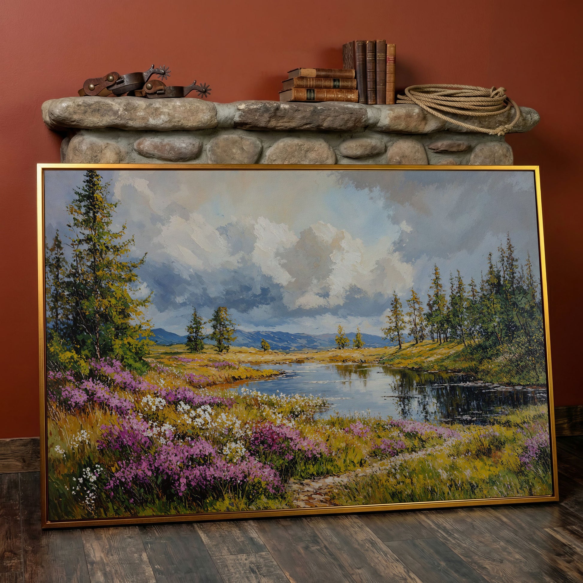 Lavender River Landscape Canvas in antique gold floating frame
