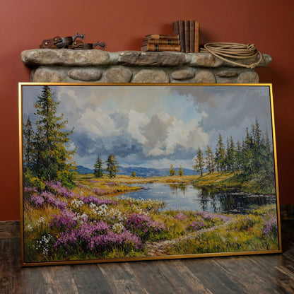 Lavender River Landscape Canvas in antique gold floating frame