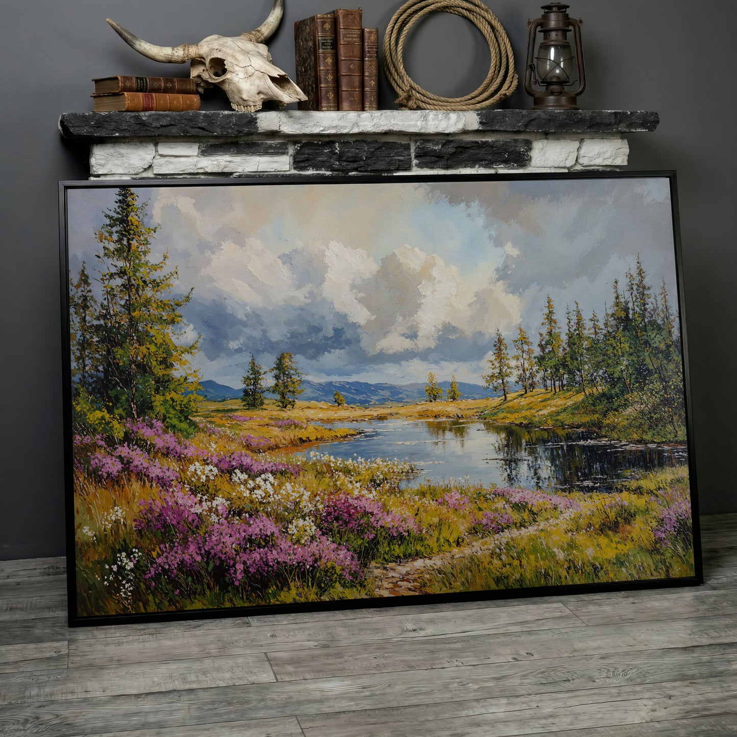Lavender River Landscape Canvas in black floating frame
